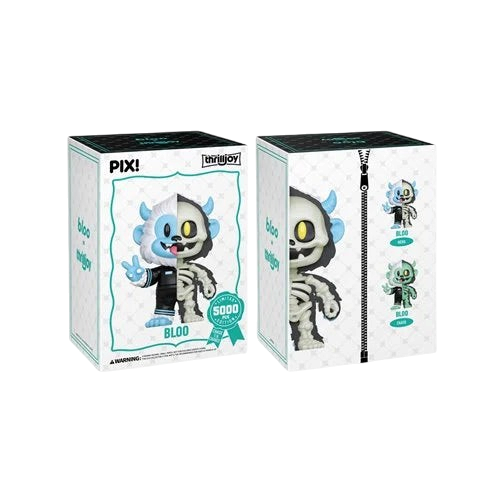 Cards & Comics Connection ThrillJoy Bloo Half Skeleton vinyl figure in packaging with blue and skeletal details.