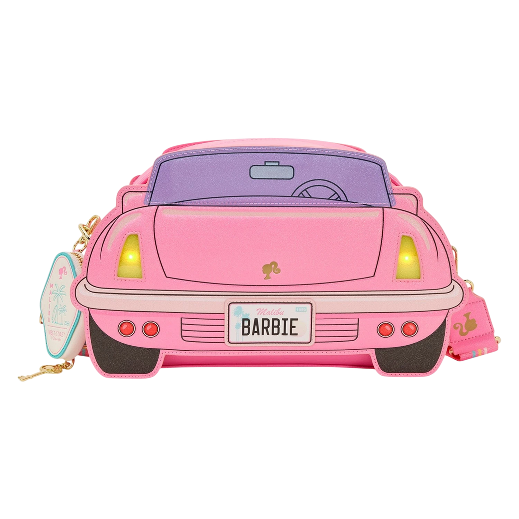 Cards & Comics Connection Loungefly Barbie convertible car crossbody bag in pink with light-up headlights