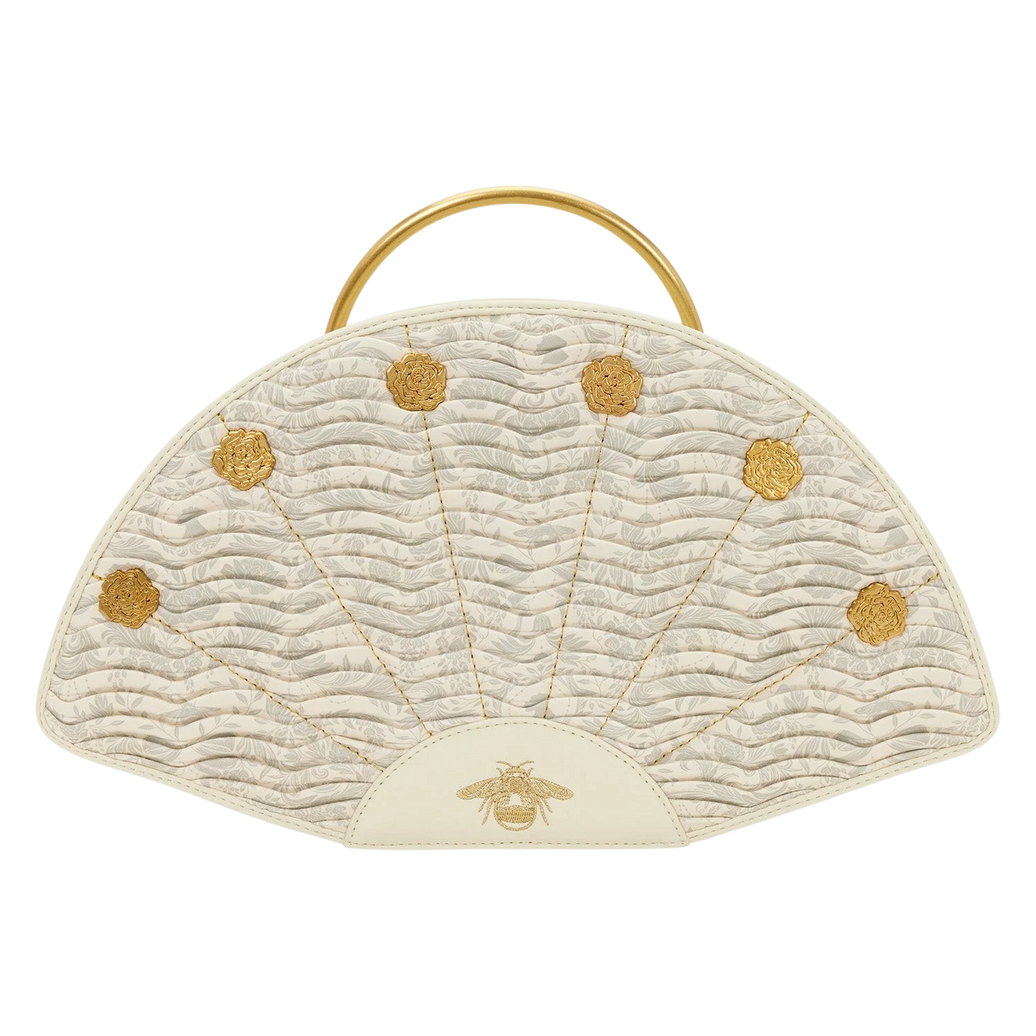 Cards & Comics Connection Bridgerton fan-shaped handbag in cream polyurethane with gold rivets and bee embroidery.