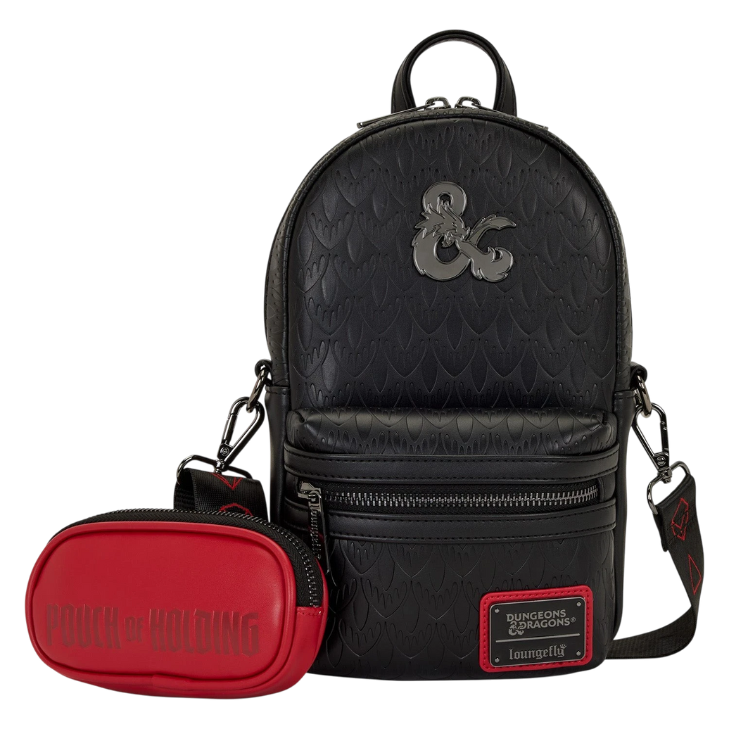 Cards & Comics Connection Dungeons & Dragons black sling bag with red Pouch of Holding coin purse and metal logo.