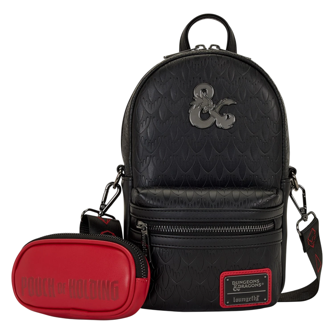 Cards & Comics Connection Dungeons & Dragons black sling bag with red Pouch of Holding coin purse and metal logo.