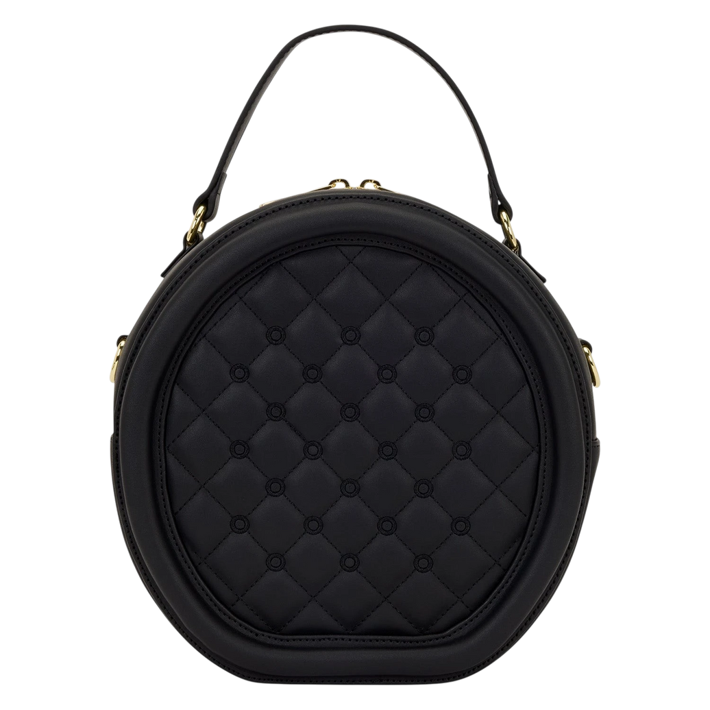 Cards & Comics Connection Loungefly black faux leather round crossbody pin trader bag with quilted front panel