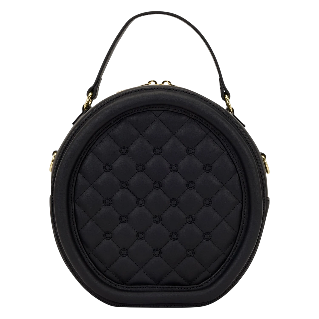 Cards & Comics Connection Loungefly black faux leather round crossbody pin trader bag with quilted front panel