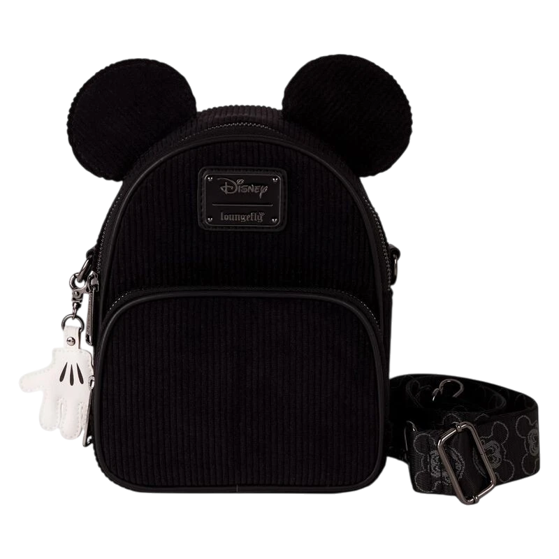 Cards & Comics Connection black corduroy Mickey Mouse convertible mini backpack with removable glove zipper charm