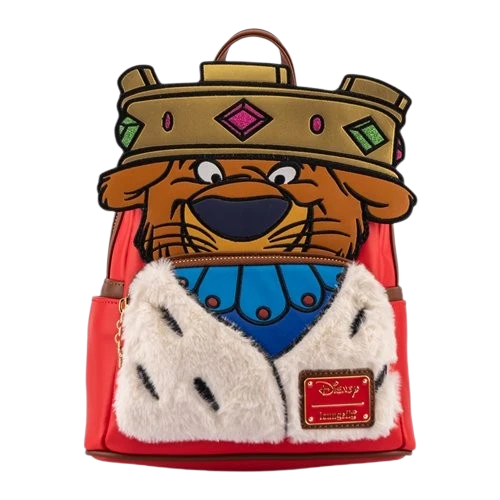Cards & Comics Connection Robin Hood Prince John mini-backpack with faux fur trim, gold crown, and red fabric details.