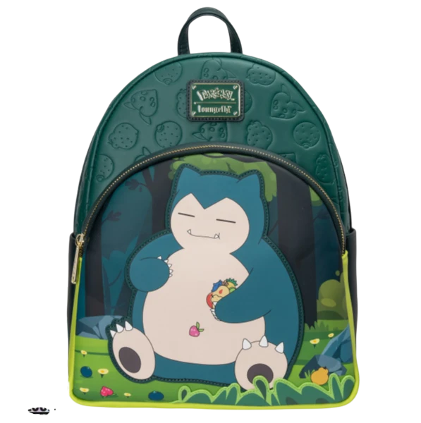 Cards & Comics Connection Loungefly Snorlax faux leather midsize backpack with fruit print and forest scene design.