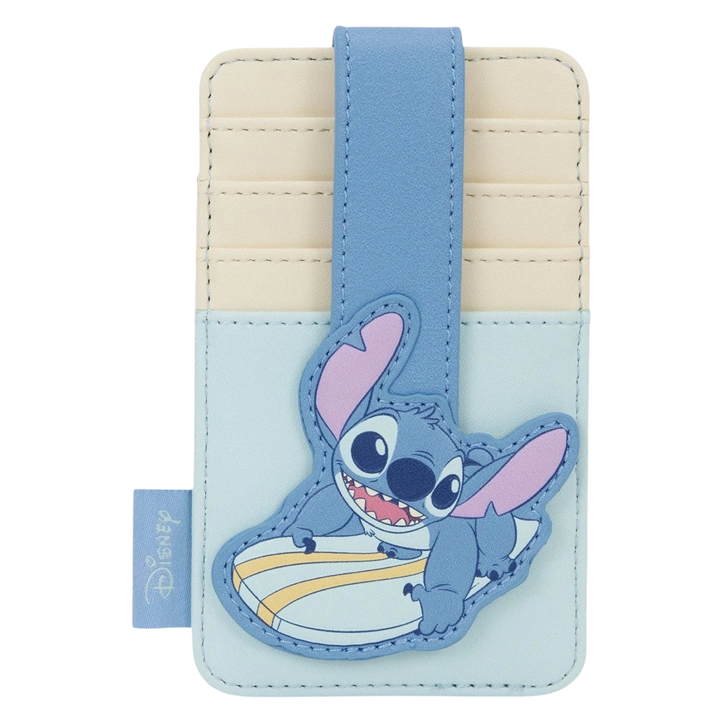 Cards & Comics Connection Disney Stitch surfing polyurethane card holder with four slots and a secure strap applique.
