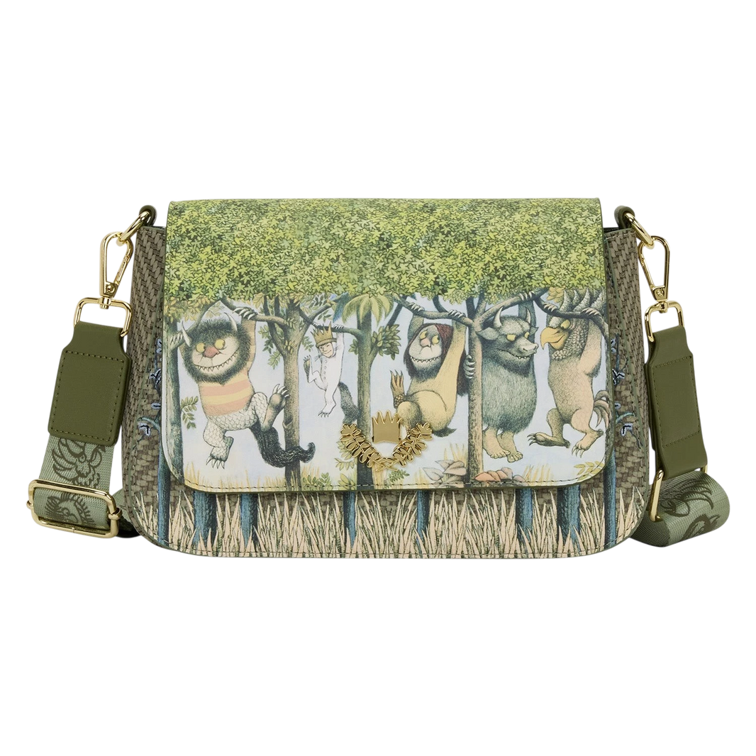 Cards & Comics Connection Where the Wild Things Are faux leather crossbody bag with Max and monster character print.