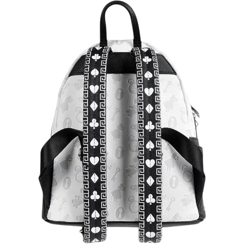 Cards & Comics Connection Alice in Wonderland mini-backpack back view with black and white card suit patterned straps