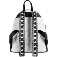 Cards & Comics Connection Alice in Wonderland mini-backpack back view with black and white card suit patterned straps