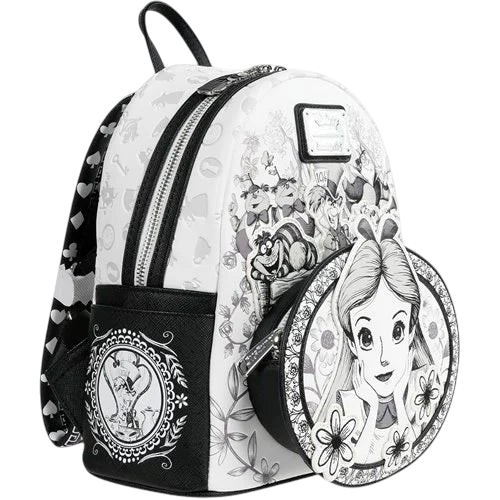 Cards & Comics Connection Alice in Wonderland sketch mini-backpack with black and white character appliques