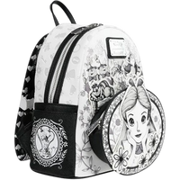 Cards & Comics Connection Alice in Wonderland sketch mini-backpack with black and white character appliques