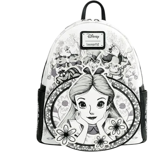 Cards & Comics Connection Alice in Wonderland sketch mini-backpack with black and white character appliques