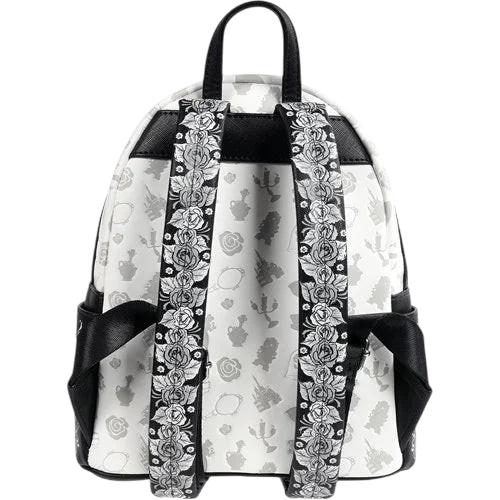 Cards & Comics Connection Loungefly Beauty and the Beast Belle sketch mini-backpack back view with rose print straps