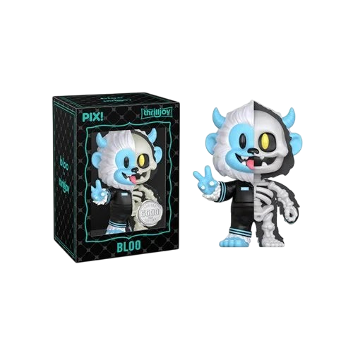 Cards & Comics Connection ThrillJoy Bloo half skeleton blue vinyl figure with collector box and peace sign pose