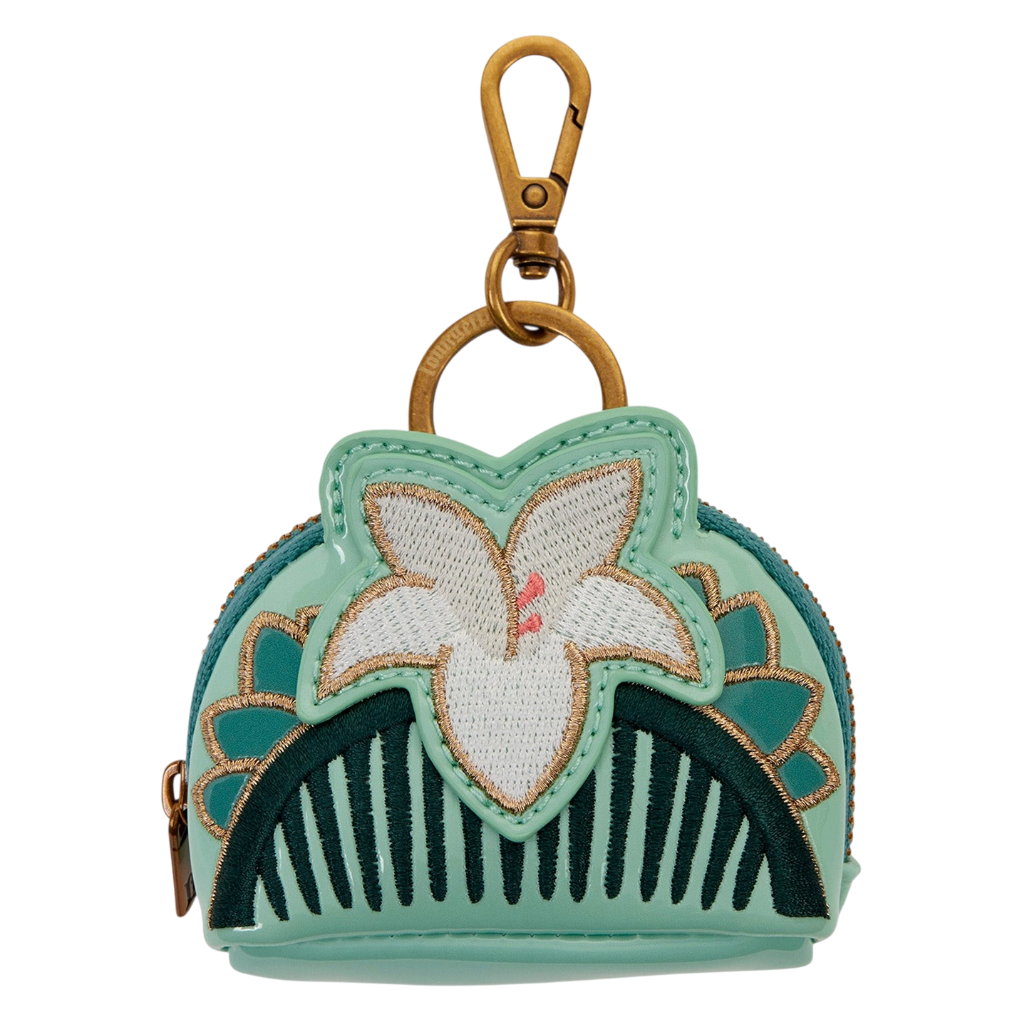 Cards & Comics Connection Disney Mulan hair comb bag charm in mint green polyurethane with gold embroidered flower