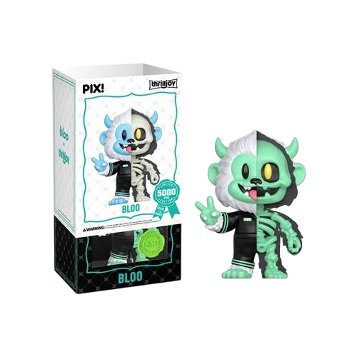 Cards & Comics Connection ThrillJoy Bloo Half Skeleton vinyl figure showing a split design with a jumpsuit and bones.