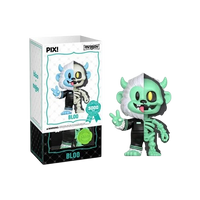 Cards & Comics Connection ThrillJoy Bloo Half Skeleton vinyl figure showing a split design with a jumpsuit and bones.