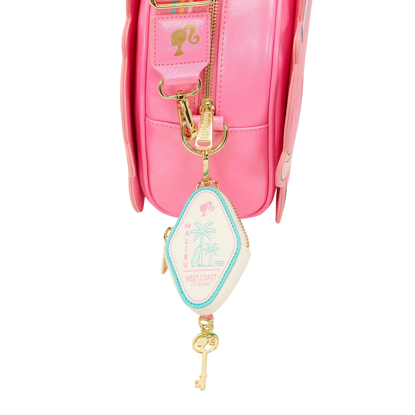 Cards & Comics Connection Loungefly Barbie car crossbody bag with a detachable Malibu palm tree coin purse and key