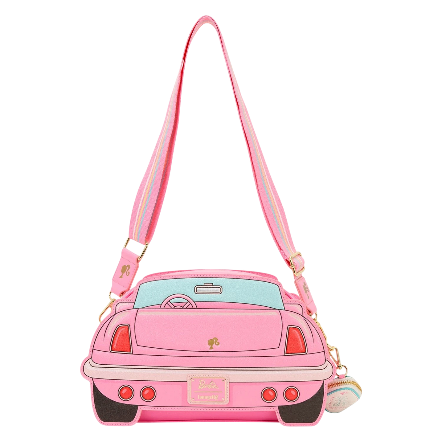 Cards & Comics Connection Loungefly Barbie convertible car crossbody bag in pink with light-up headlights.