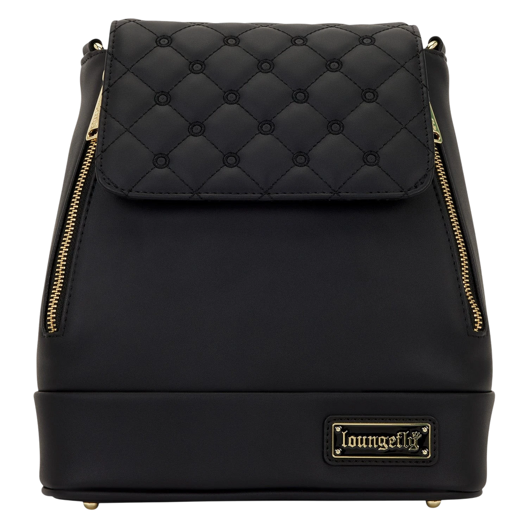 Cards & Comics Connection black Loungefly convertible mini backpack with quilted flap and pin display holes