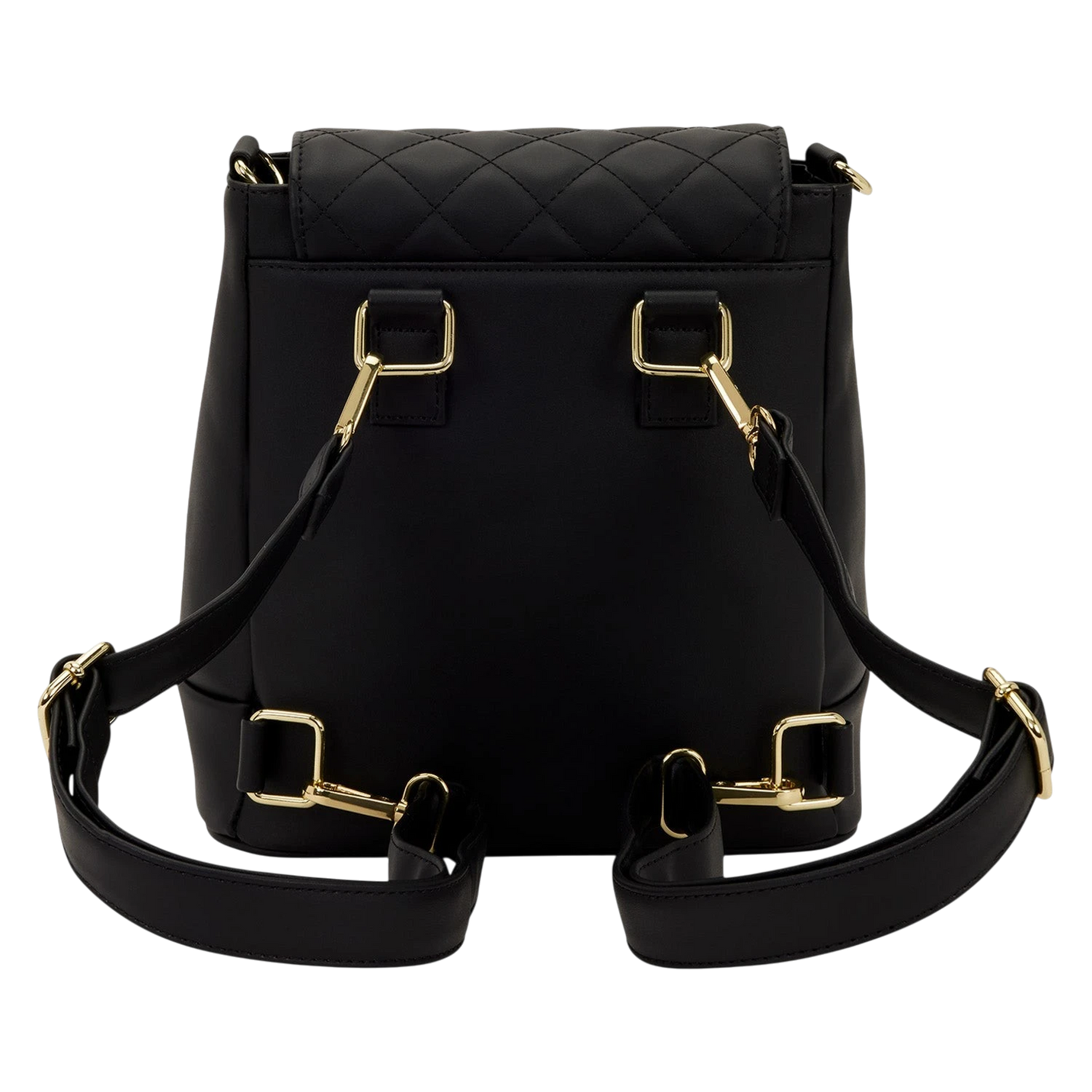 Cards & Comics Connection Loungefly black quilted mini backpack with gold hardware and convertible crossbody straps