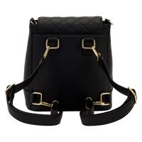 Cards & Comics Connection Loungefly black quilted mini backpack with gold hardware and convertible crossbody straps