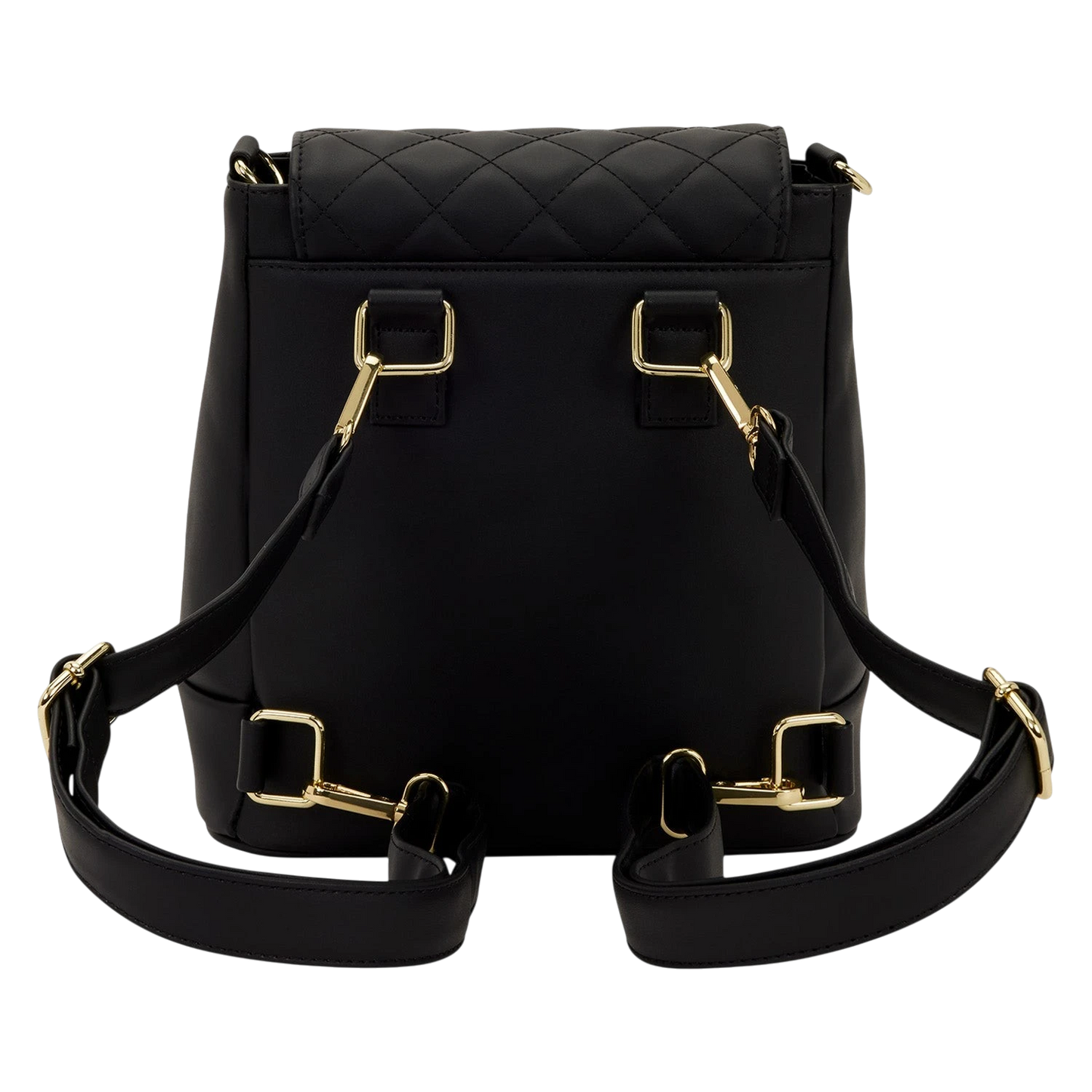 Cards & Comics Connection Loungefly black quilted mini backpack with gold hardware and convertible crossbody straps