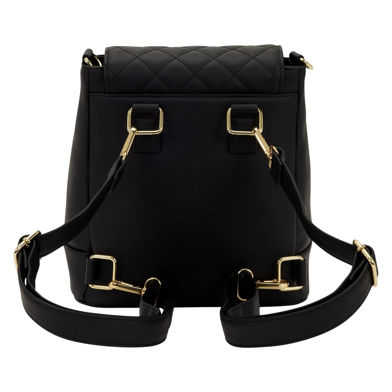 Cards & Comics Connection Loungefly black quilted mini backpack with gold hardware and convertible crossbody straps