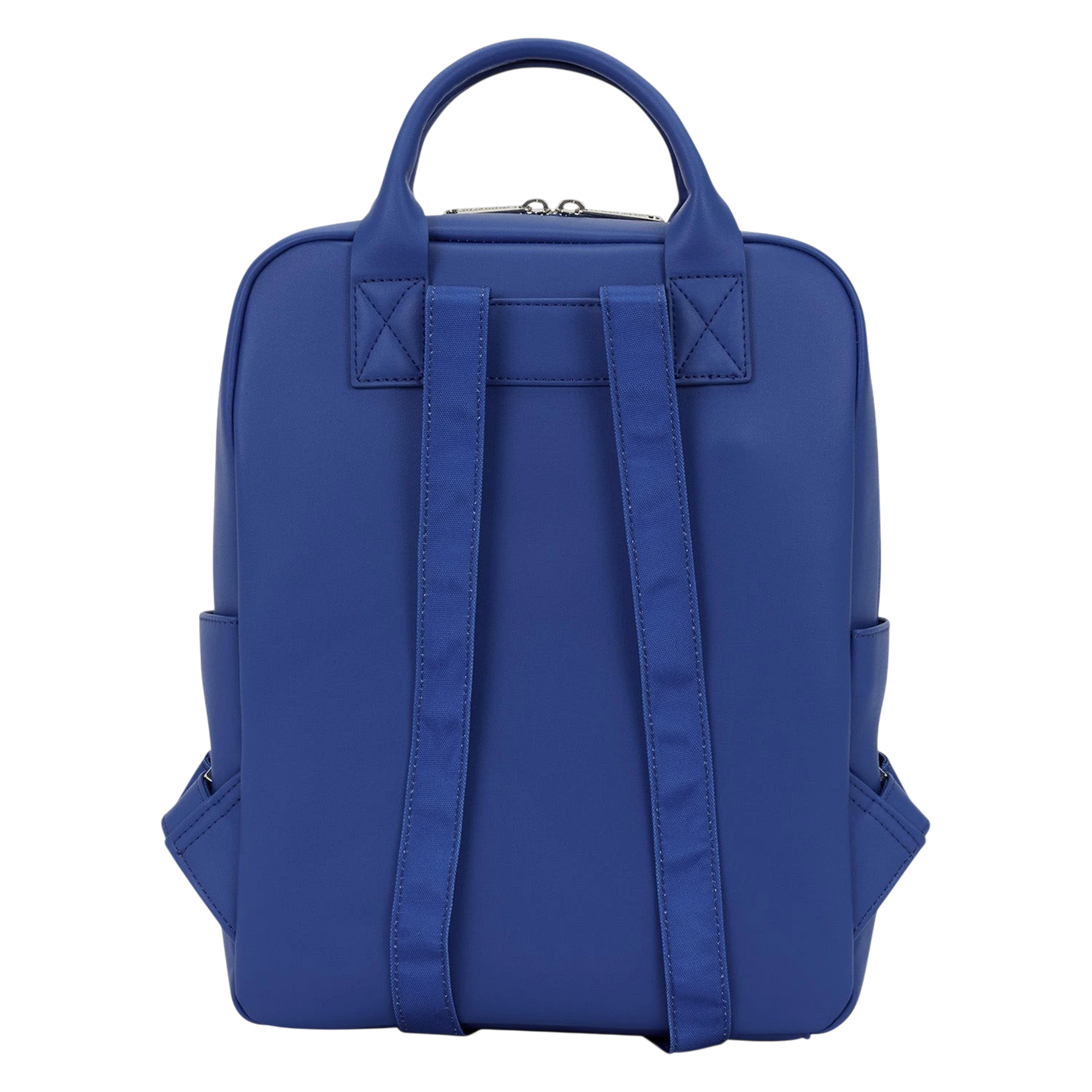 Cards & Comics Connection blue Disney Lilo and Stitch mid-size polyurethane backpack, back view with shoulder straps.