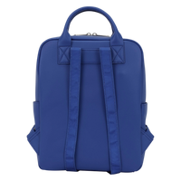 Cards & Comics Connection blue Disney Lilo and Stitch mid-size polyurethane backpack, back view with shoulder straps.