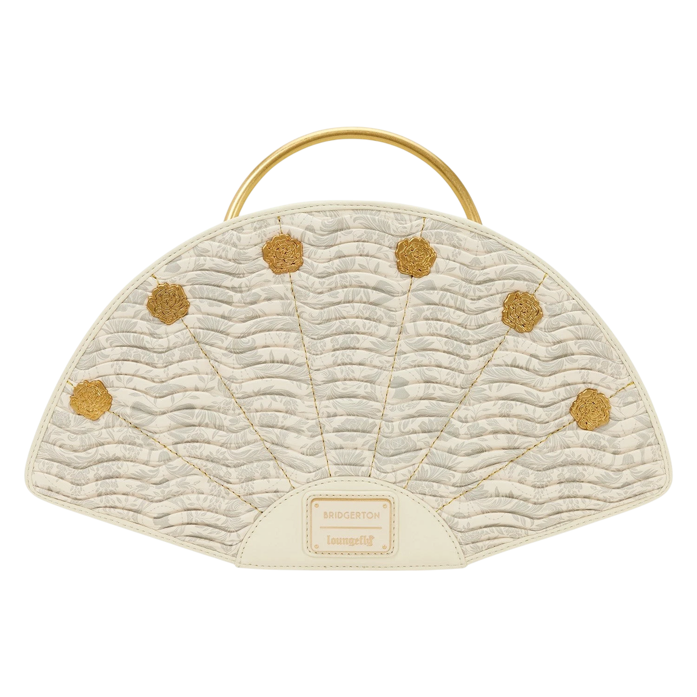Cards & Comics Connection Bridgerton fan-shaped handbag in cream polyurethane with gold handle and floral embroidery.