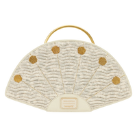 Cards & Comics Connection Bridgerton fan-shaped handbag in cream polyurethane with gold handle and floral embroidery.