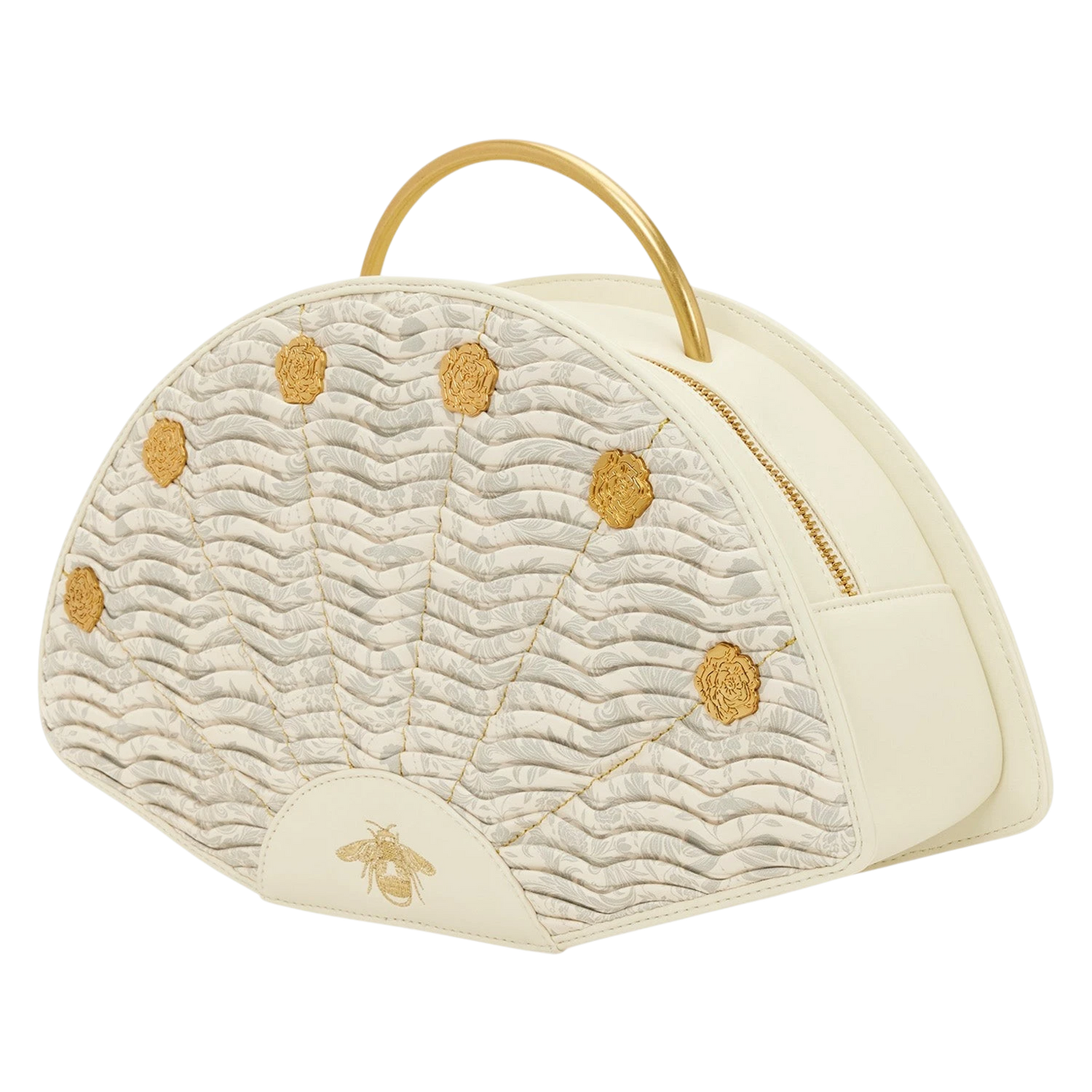 Cards & Comics Connection Bridgerton fan-shaped handbag in cream polyurethane with gold rivets and bee embroidery.