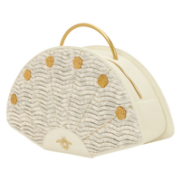 Cards & Comics Connection Bridgerton fan-shaped handbag in cream polyurethane with gold rivets and bee embroidery.