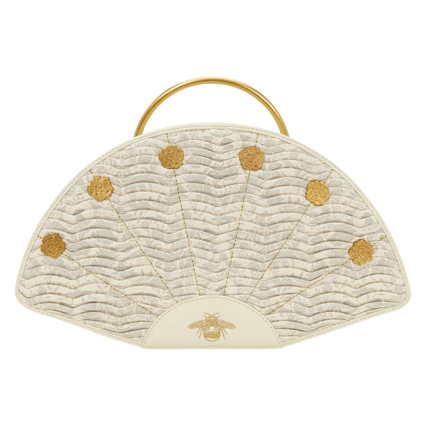Cards & Comics Connection Bridgerton fan-shaped handbag in cream polyurethane with gold rivets and bee embroidery.