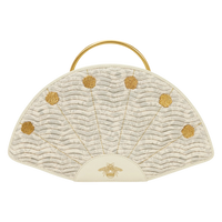 Cards & Comics Connection Bridgerton fan-shaped handbag in cream polyurethane with gold rivets and bee embroidery.