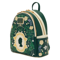 Cards & Comics Connection Bridgerton mini backpack in dark green with floral embroidery, gold foil, and silhouette.