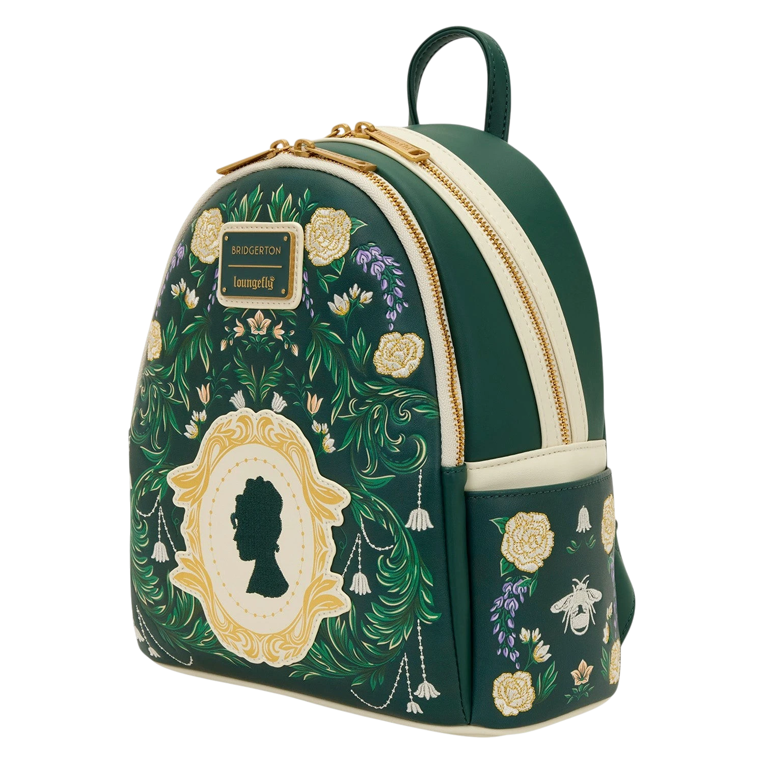 Cards & Comics Connection Bridgerton mini backpack in dark green with floral embroidery, gold foil, and silhouette.