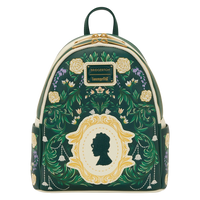 Cards & Comics Connection Bridgerton mini backpack in green with floral embroidery, gold foil frame, and silhouette.