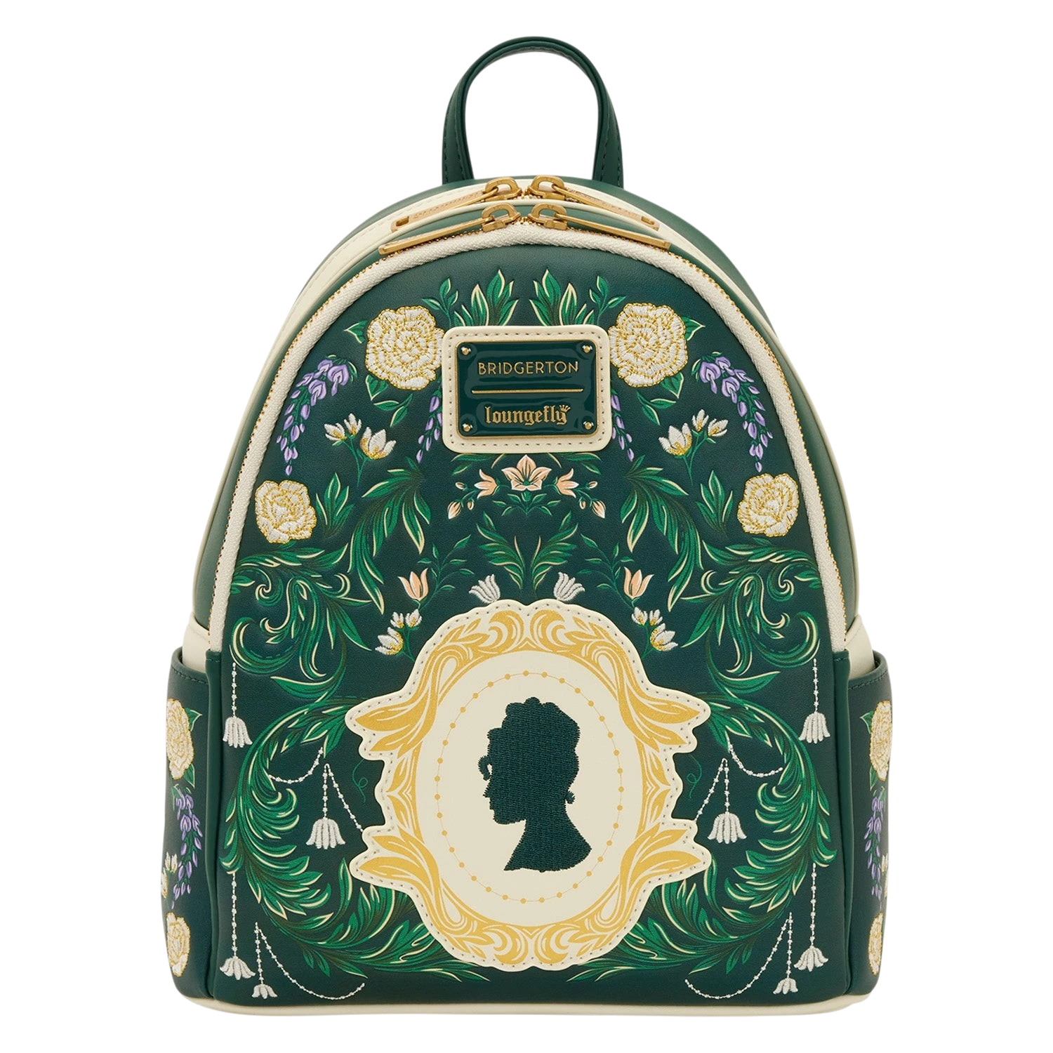 Cards & Comics Connection Bridgerton mini backpack in green with floral embroidery, gold foil frame, and silhouette.