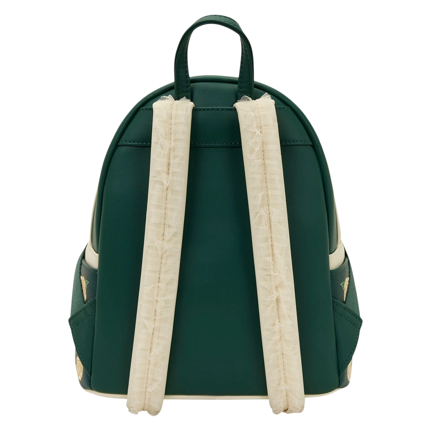 Cards & Comics Connection Bridgerton mini backpack in dark green with cream tulle-trimmed adjustable shoulder straps.