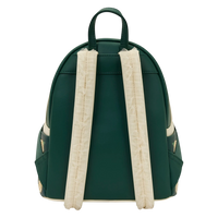 Cards & Comics Connection Bridgerton mini backpack in dark green with cream tulle-trimmed adjustable shoulder straps.