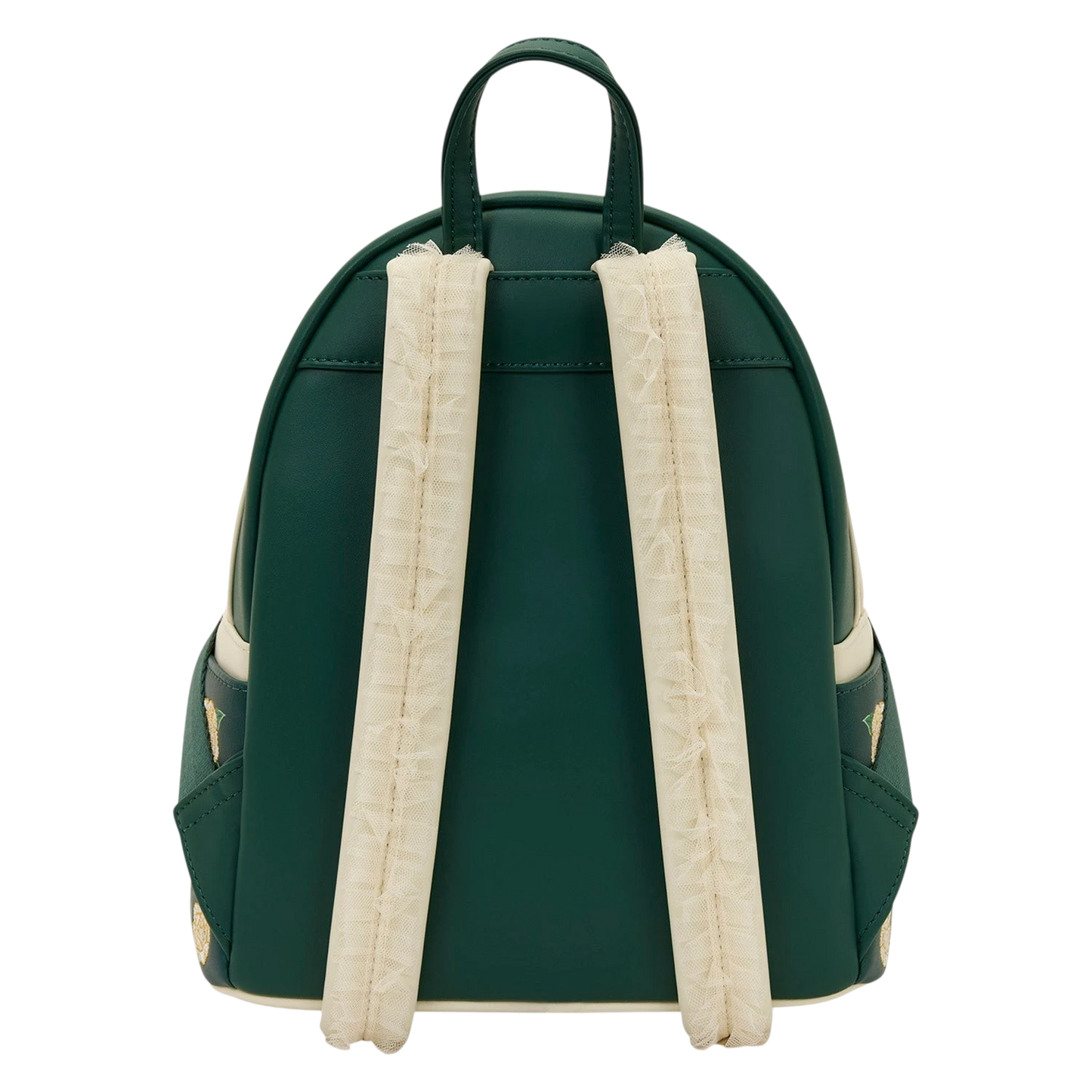Cards & Comics Connection Bridgerton mini backpack in dark green with cream tulle-trimmed adjustable shoulder straps.