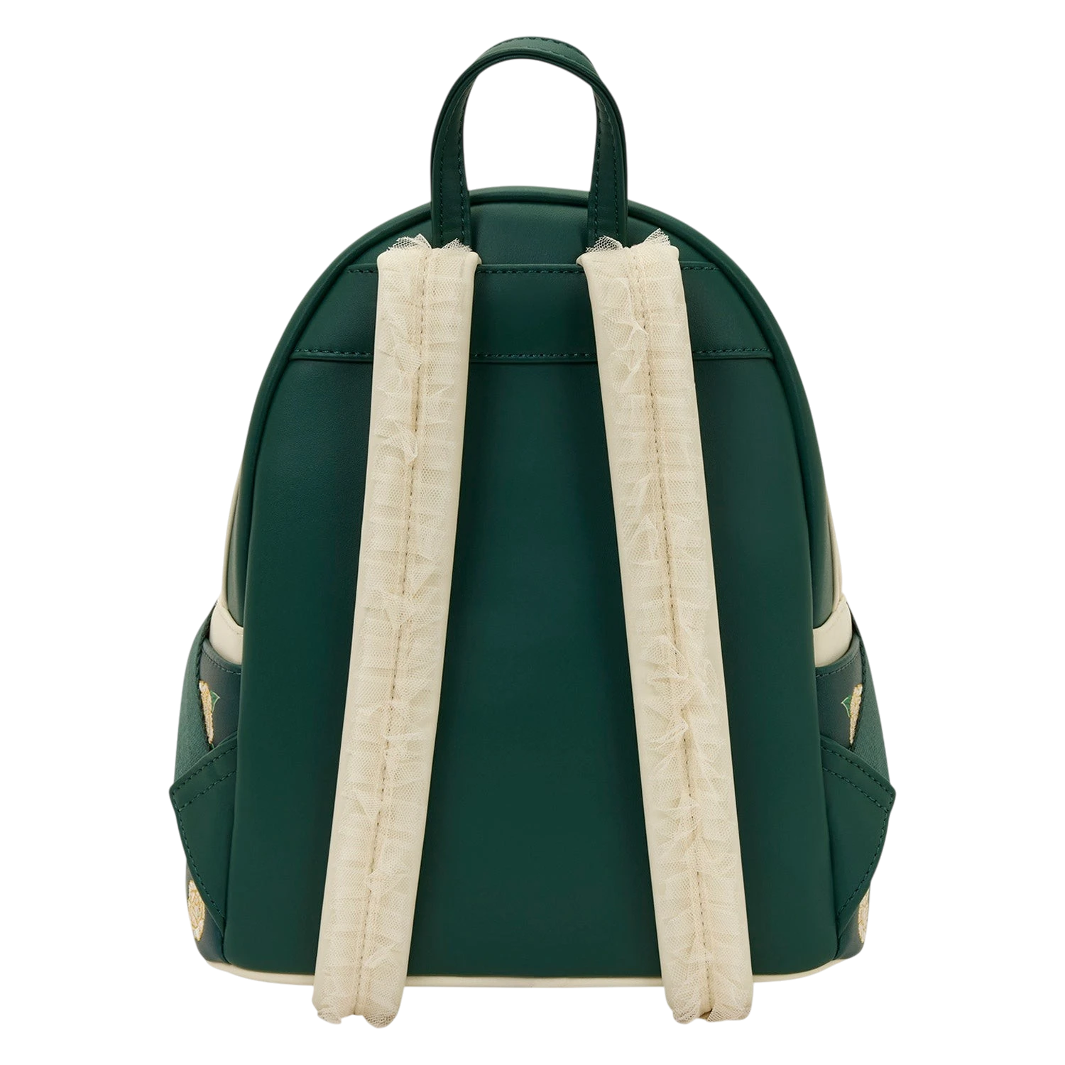 Cards & Comics Connection Bridgerton mini backpack in dark green with cream tulle-trimmed adjustable shoulder straps.