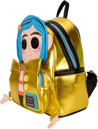 Cards & Comics Connection Coraline 15th Anniversary mini backpack featuring a metallic gold raincoat and blue hair