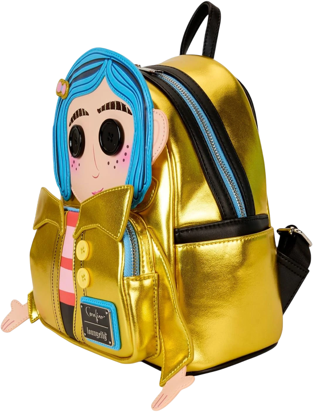 Cards & Comics Connection Coraline 15th Anniversary mini backpack featuring a metallic gold raincoat and blue hair