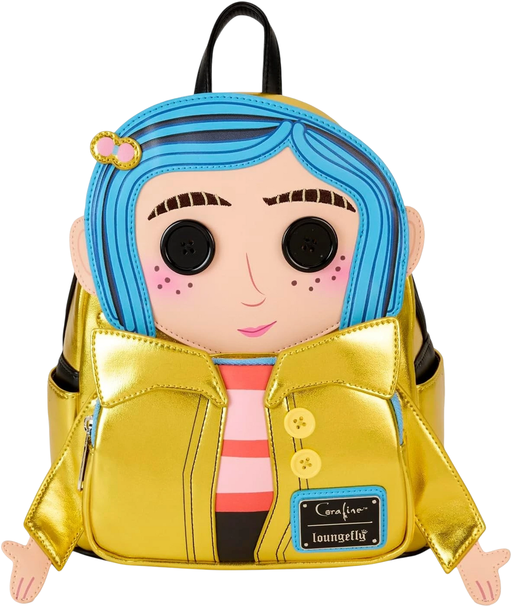 Cards & Comics Connection Coraline 15th Anniversary Laika mini backpack featuring a metallic gold raincoat design
