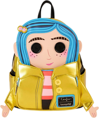 Cards & Comics Connection Coraline 15th Anniversary Laika mini backpack featuring a metallic gold raincoat design