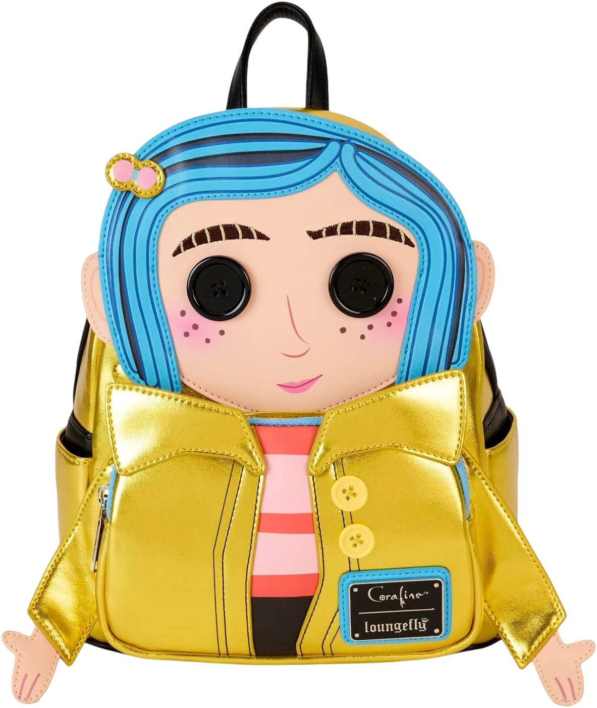 Cards & Comics Connection Coraline 15th Anniversary Laika mini backpack featuring a metallic gold raincoat design